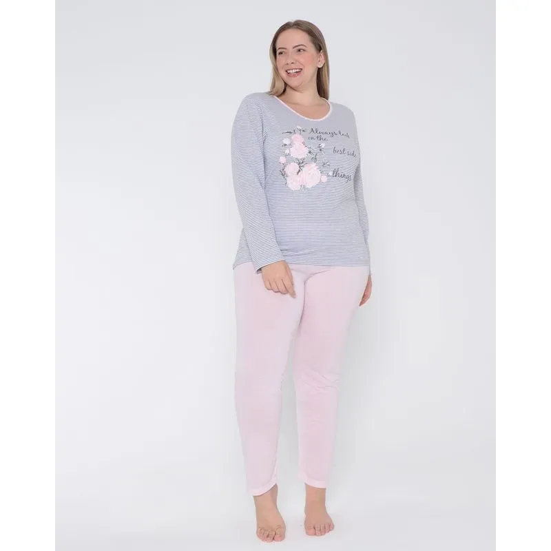 Pijama Plus Size Feminino Manga Longa Listrado Branco 50