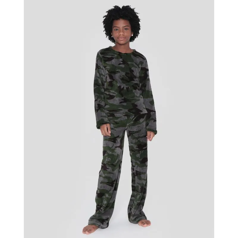 Pijama Juvenil Plush Camuflado Cinza 14
