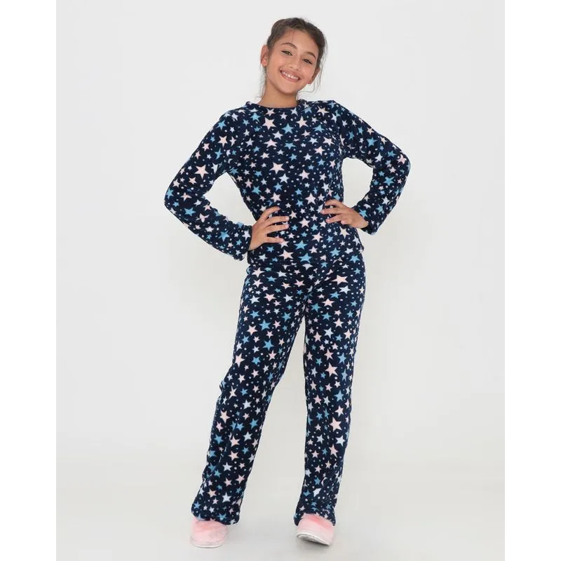 Pijama Juvenil Plush Estampa Estrelas Marinho 14