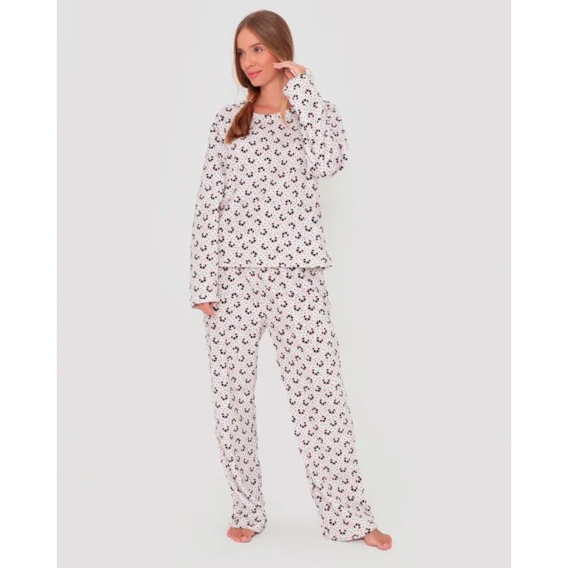 Pijama Feminino Longo Soft Estampa Panda Off White P