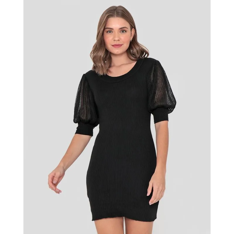 Vestido Tricô Manga Bufante Preto M