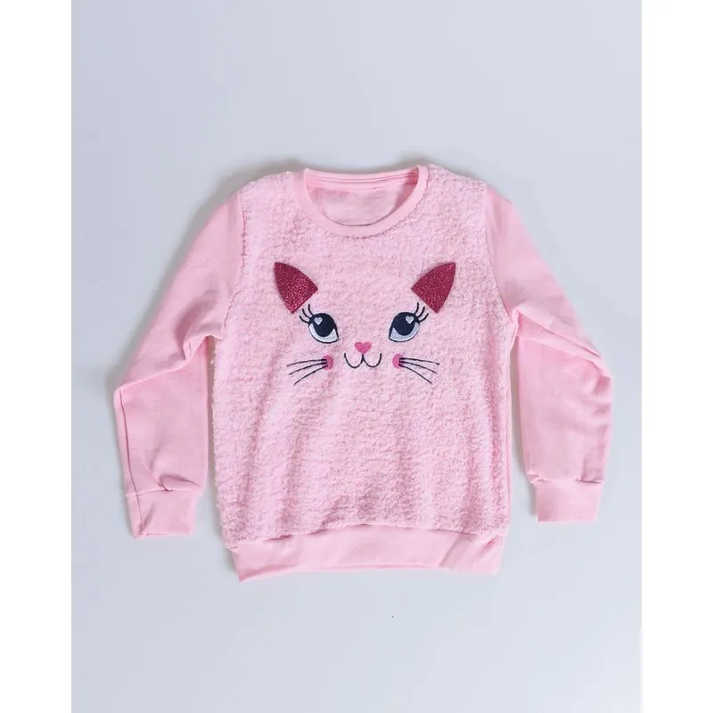 Blusão Moletinho Bebê Bordado Interativo Gatinha Rosa Claro 1