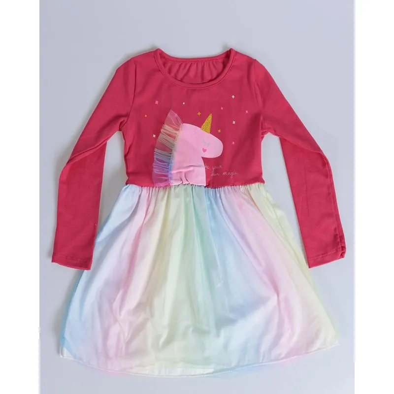 Vestido Bebê Estampa Unicórnio Tule Rosa 2