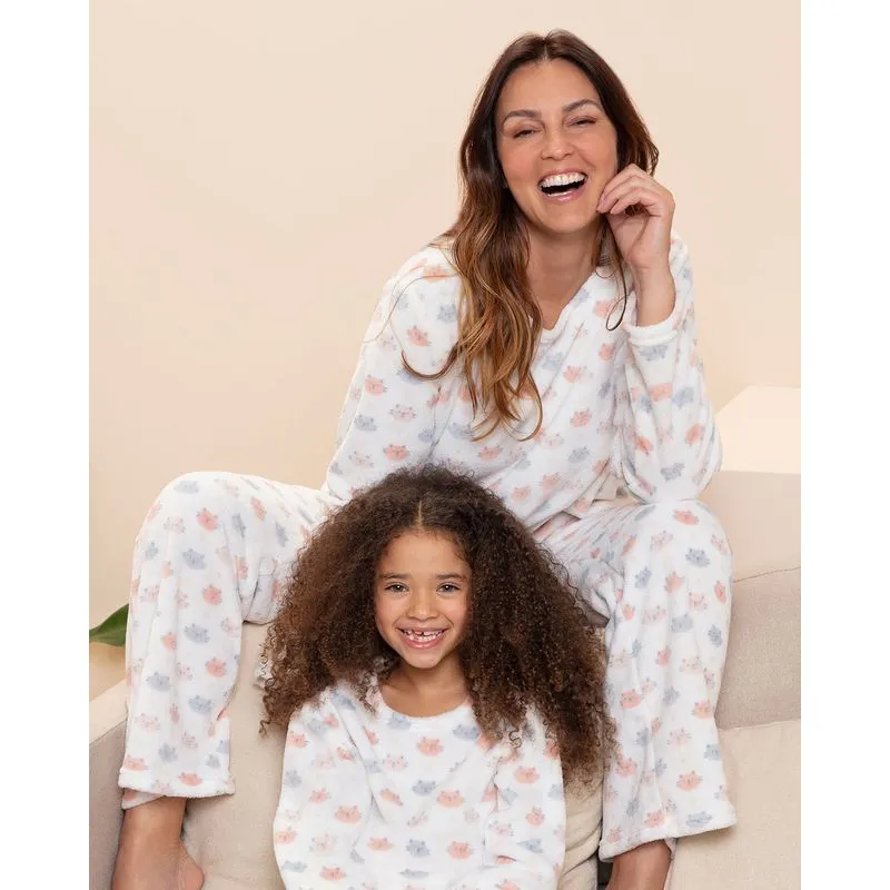 Pijama feminino Longo Plush Estampa Gatinho Branco M