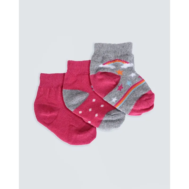 Kit Meia Bebê 3 Pares Estampa Unicórnio e Arco-Íris Rosa Cinza 19 A 21