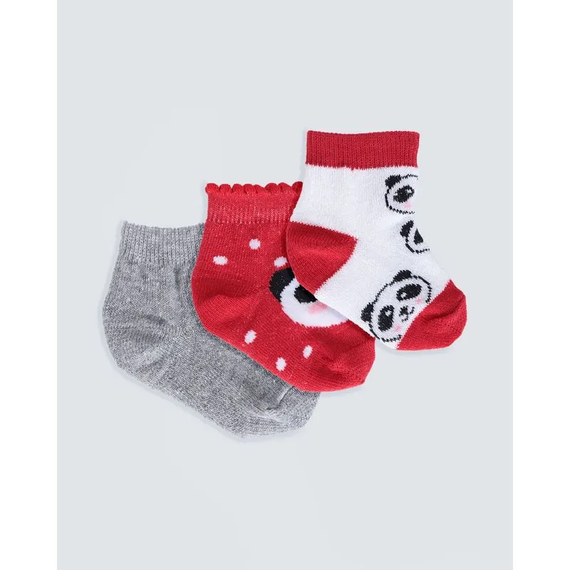 Kit Meia Bebê 3 Pares Estampa Panda Vermelho Cinza Branco 16 A 18