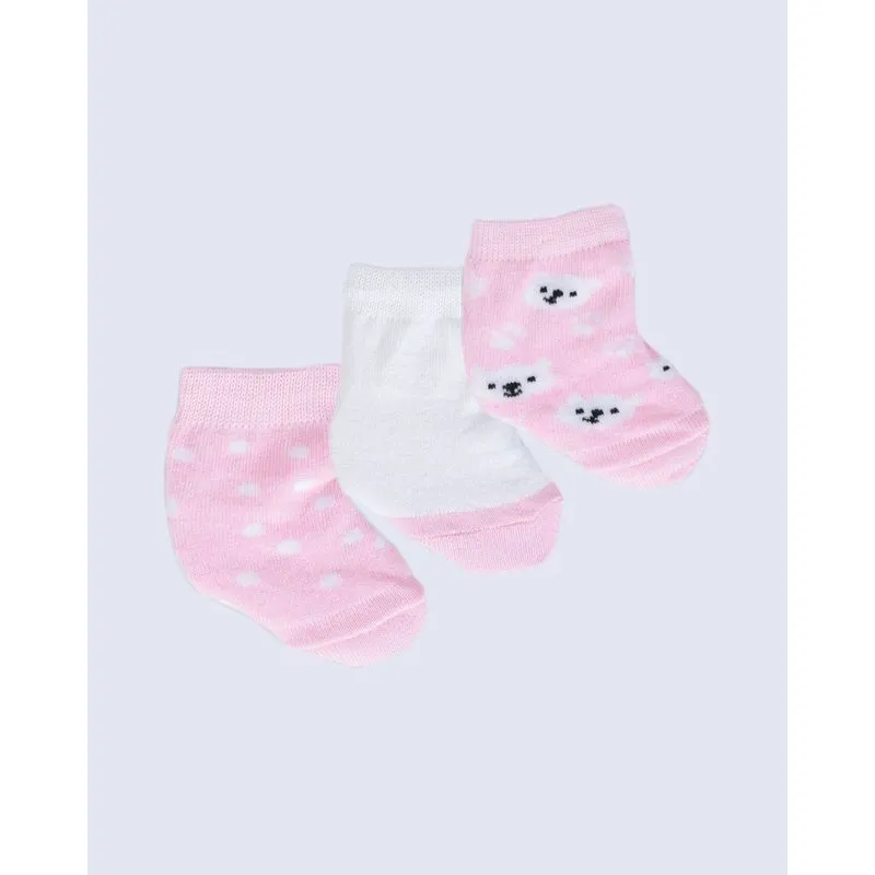 Kit Meia Bebê Soquete Ursinho Rosa Branco 16 A 18