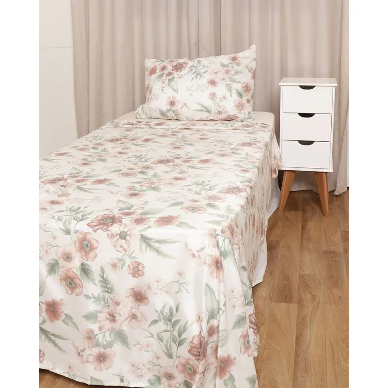 Jogo De Cama Solteiro 3 Peças Caprice Andreza Floral Bege UN