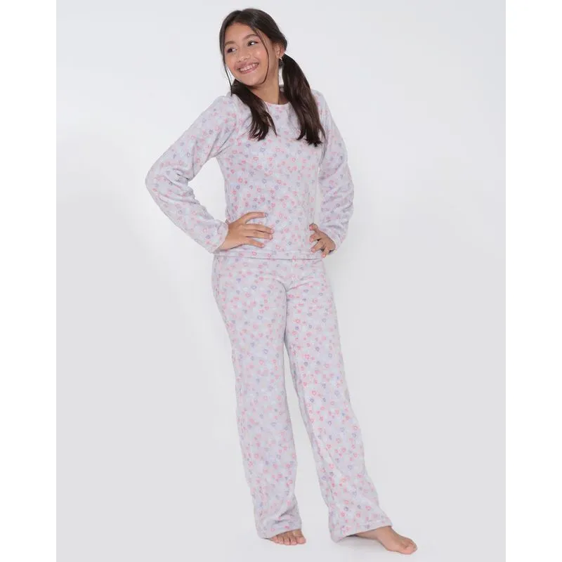 Pijama Juvenil Longo Soft Corações Cinza Claro 14