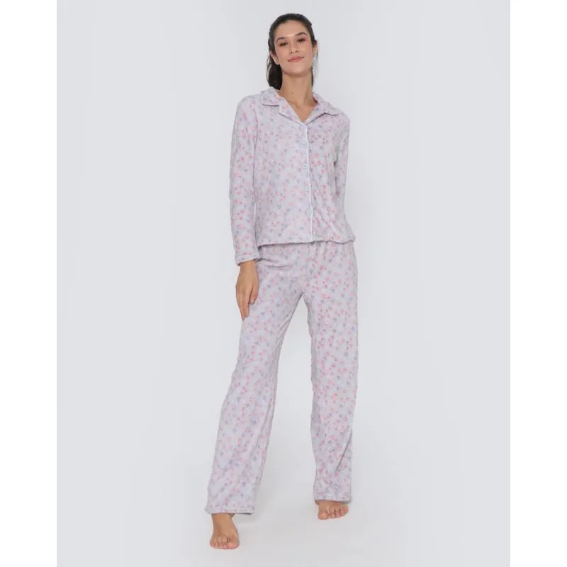 Pijama Feminino Longo Plush Corações Cinza Claro GG