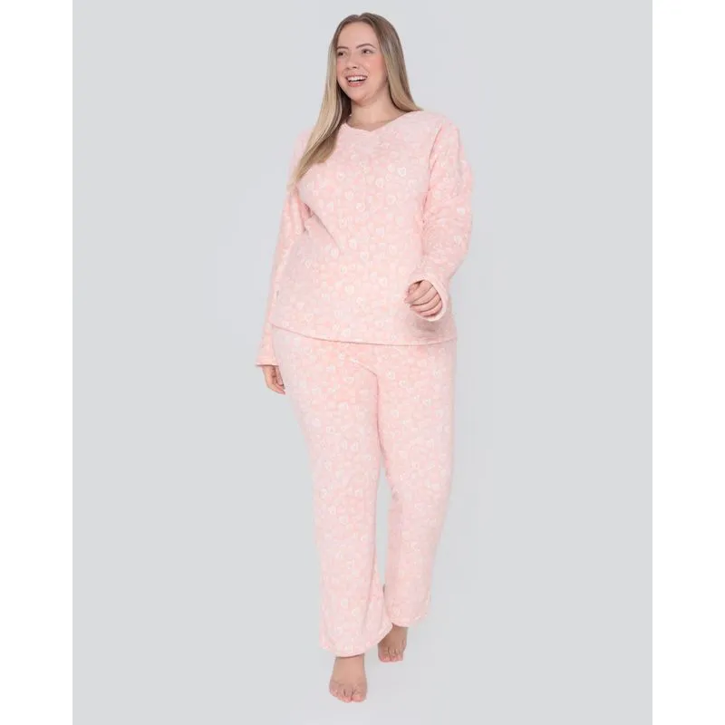Pijama Feminino Plus Size Soft Longo Corações Rosa Claro 48