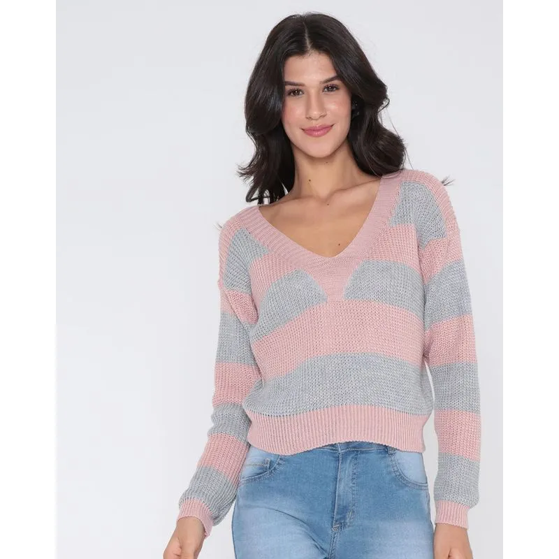 Suéter Feminino Tricô Listrado Rosa Claro P