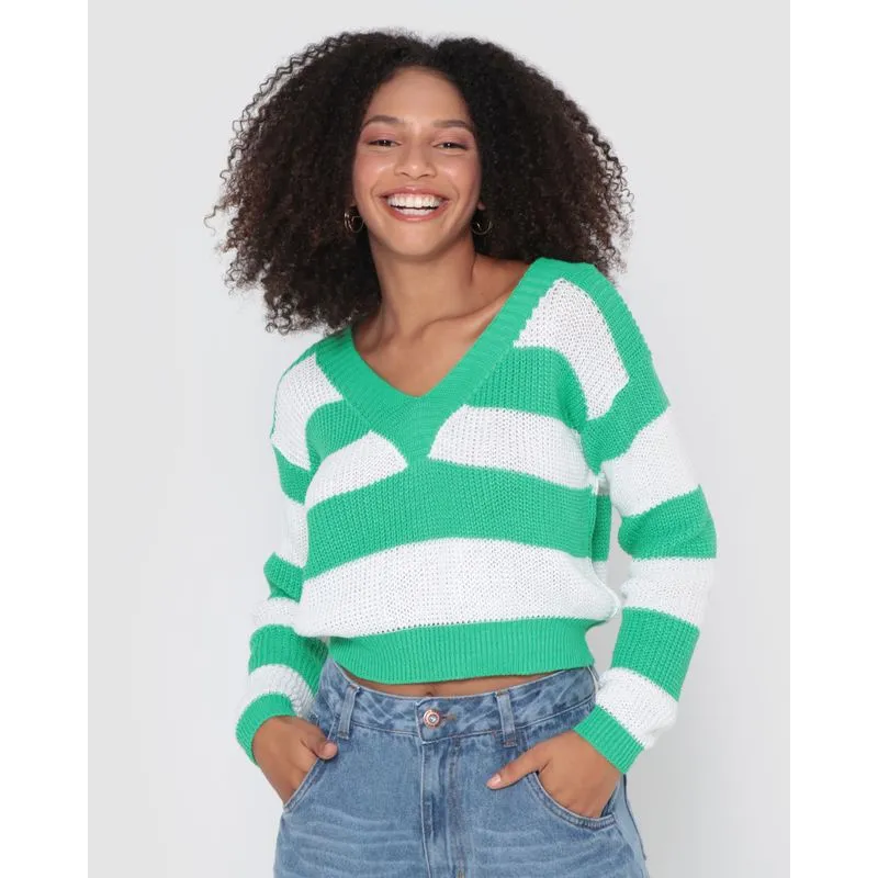 Suéter Feminino Tricô Listrado Branco Verde M