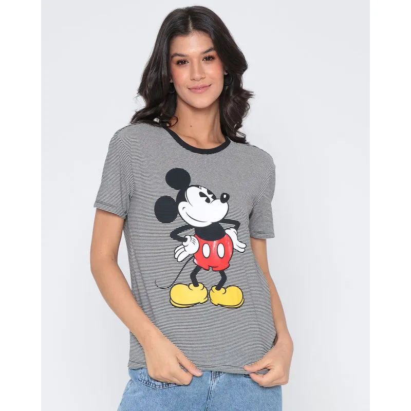 Camiseta Feminina Disney Mickey Listrada Manga Curta Preta GG