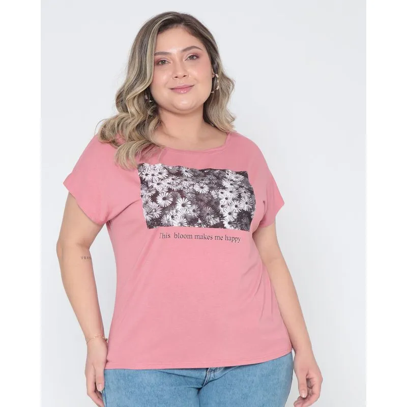 Blusa Plus Size Estampa Flores Rosa Claro G2