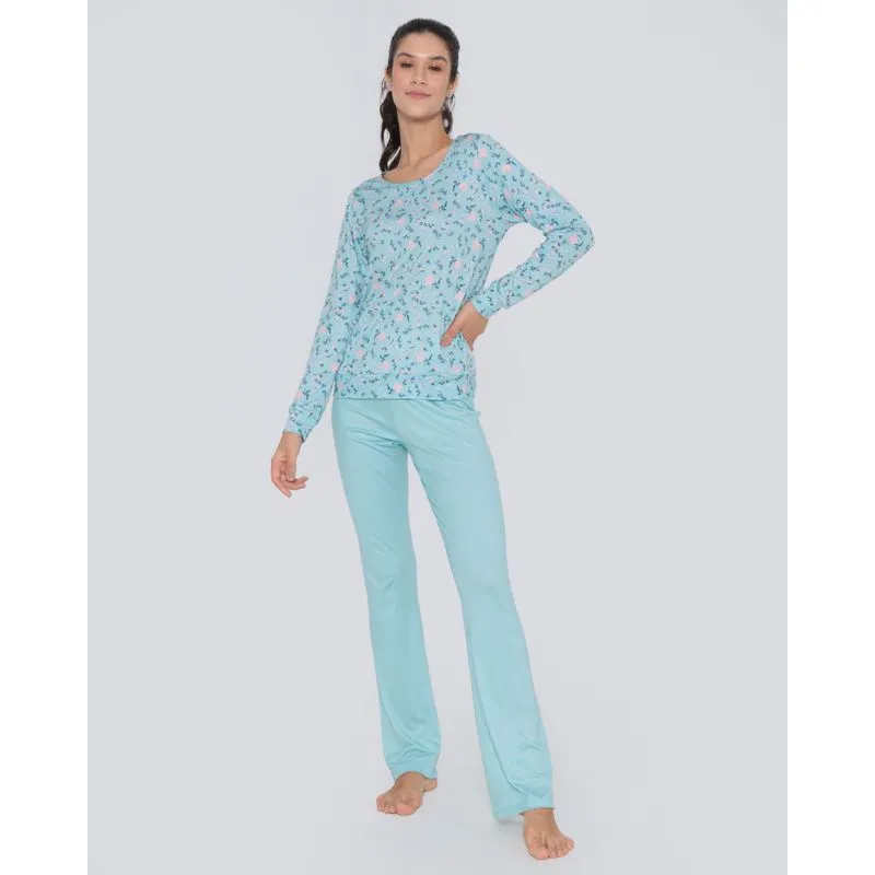 Pijama Feminino Longo Estampa Floral Verde Claro M