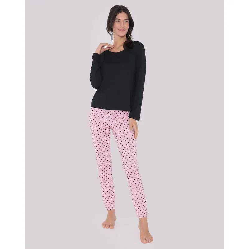 Pijama Feminino Longo Poá Preto E Rosa GG