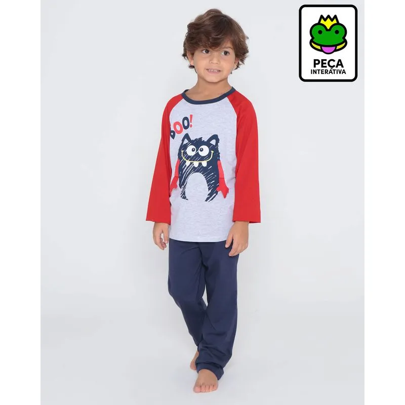 Pijama Infantil Raglan Longo Monstrinho Mescla Claro 8