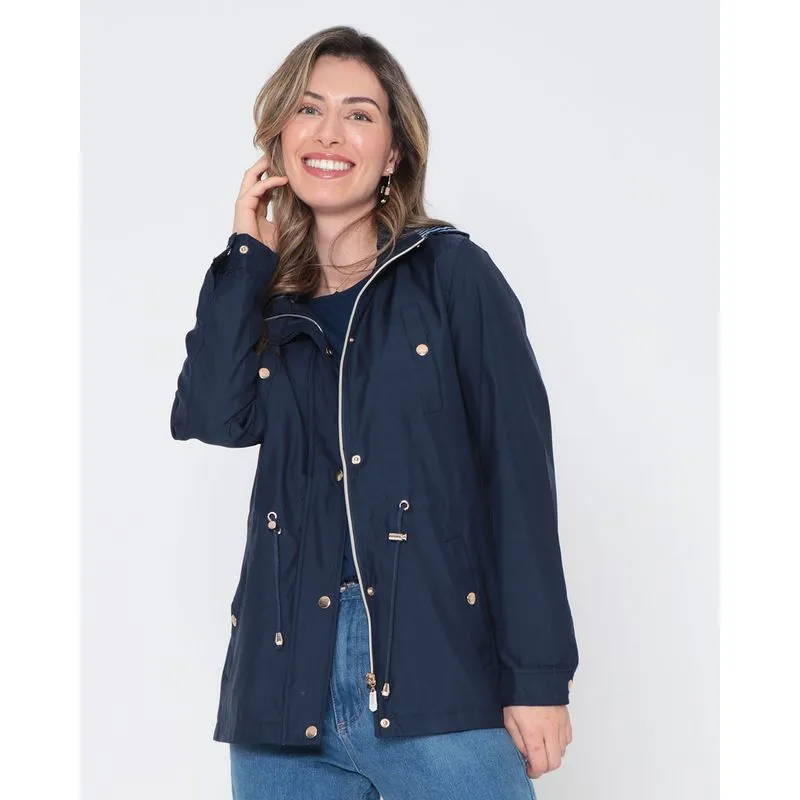 Jaqueta Feminina Parka Corta Vento Com Capuz Azul Marinho P
