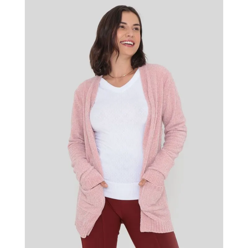 Cardigan Feminino Chenille Manga Longa Com Bolsos Rosa P