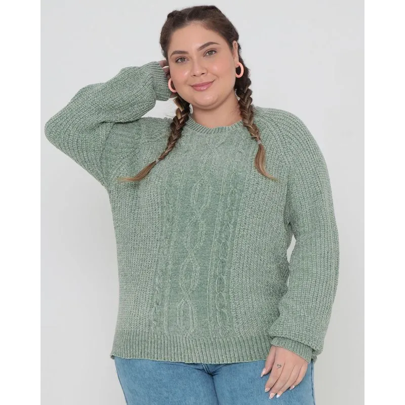 Suéter Feminino Plus Size Tricô Aveludado Verde G3