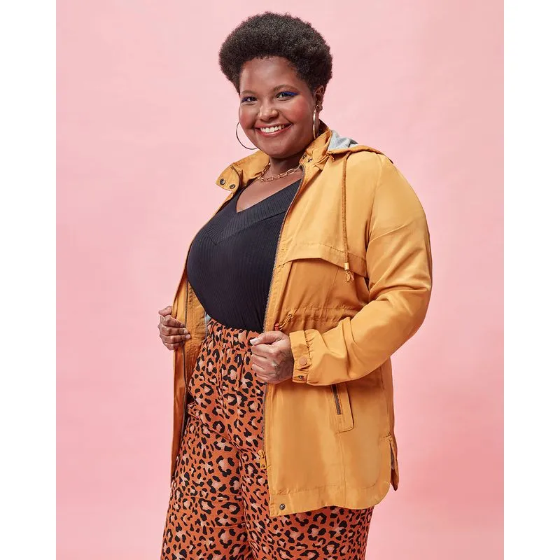Jaqueta Plus Size Parka Corta Vento Com Capuz Mostarda G2