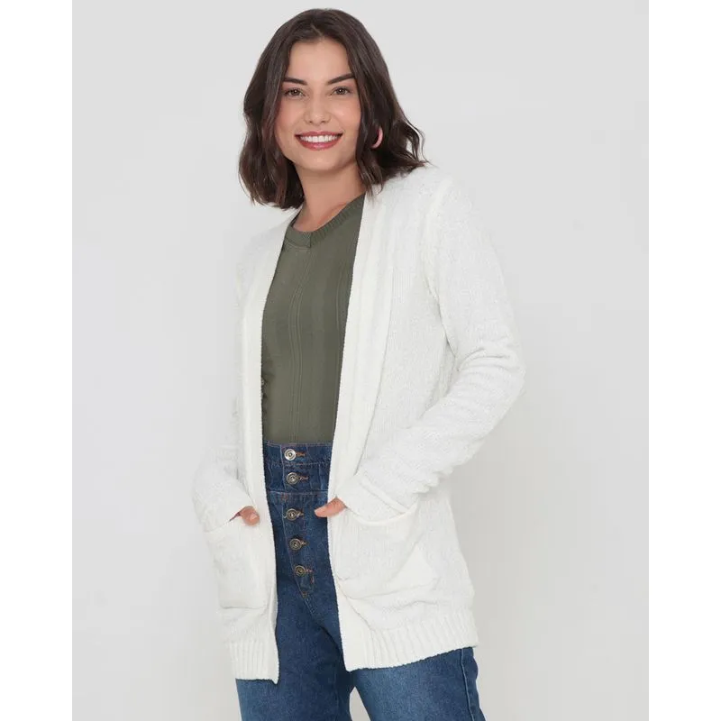 Cardigan Feminino Chenille Manga Longa Com Bolsos Off White M