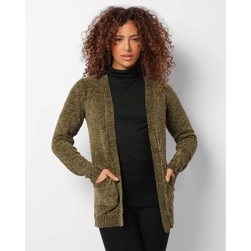 Cardigan Feminino Chenille Manga Longa Com Bolsos Verde M