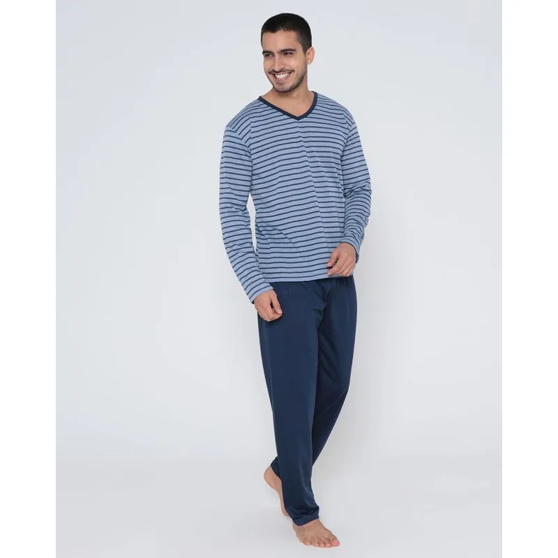 Pijama Masculino Longo Listrado Azul Marinho GG