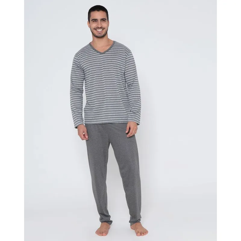 Pijama Masculino Longo Listrado Cinza G