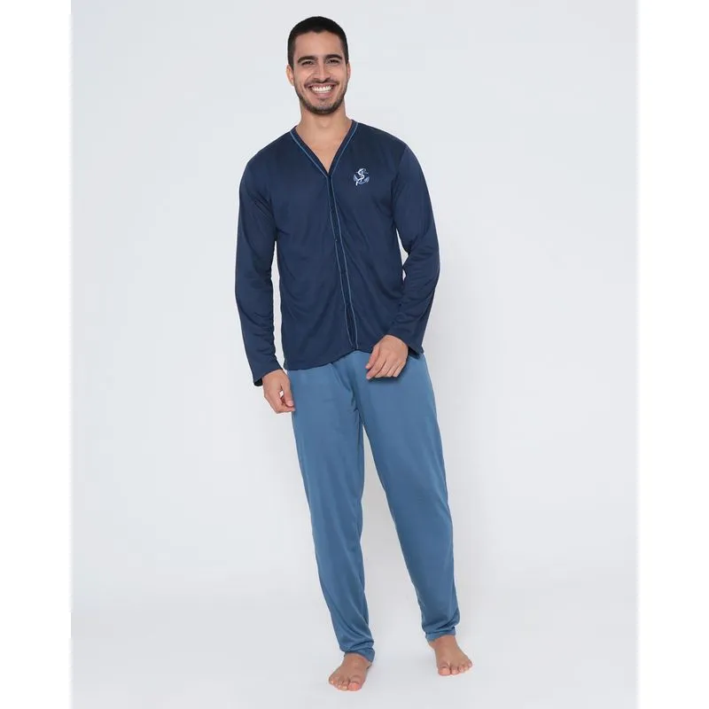 Pijama Masculino Aberto Com Bordado Azul Marinho GG