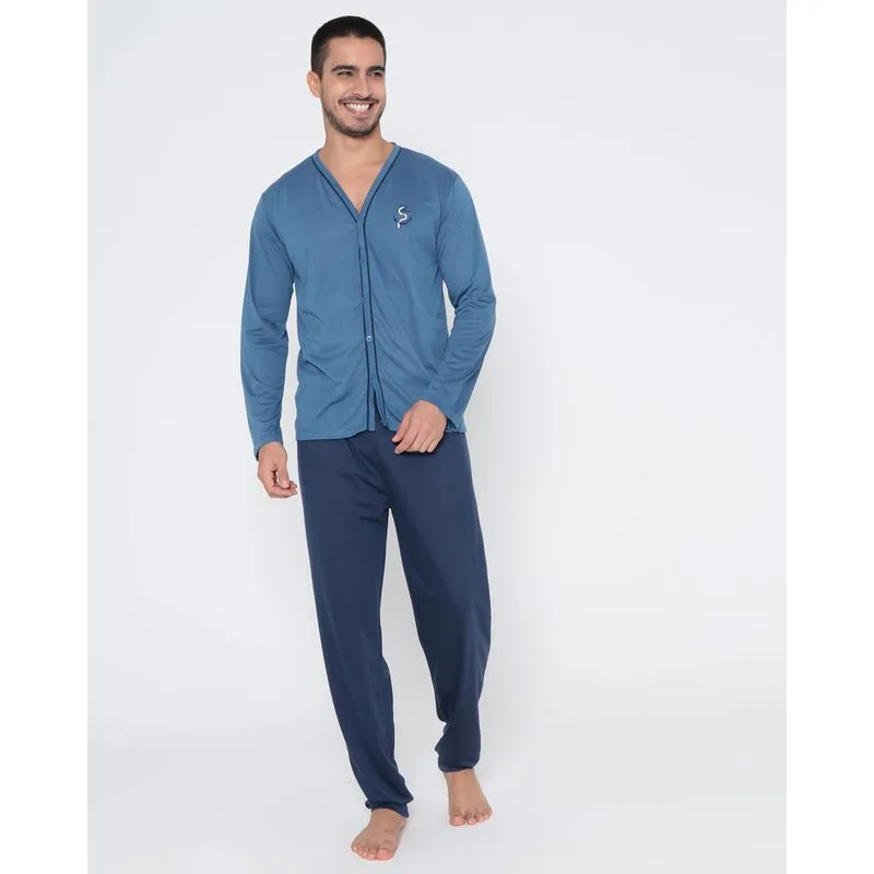 Pijama Masculino Aberto Com Bordado Azul GG
