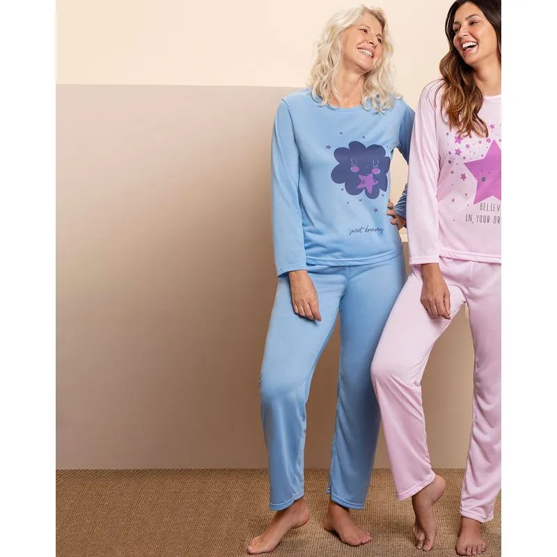 Pijama Feminino Longo Estampa Nuvem Azul GG