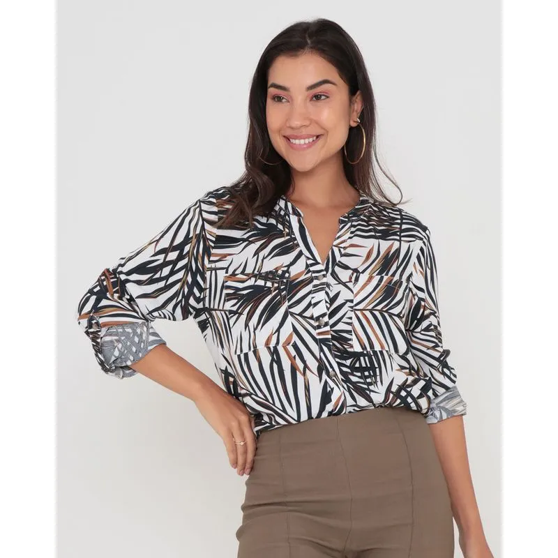 Camisa Feminina Viscose Estampa Folhas Branca P