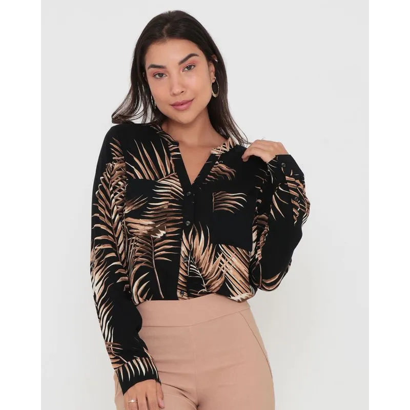Camisa Feminina Viscose Estampa Folhagem Preta P
