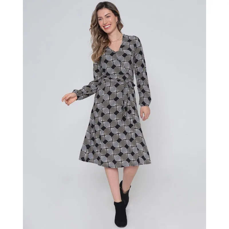 Vestido Midi Transpasse Estampa Rajada Preto M