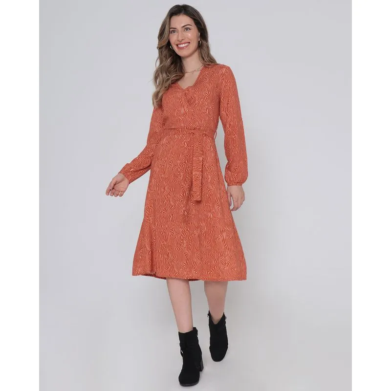 Vestido Midi Transpasse Estampa Rajada Marrom Médio P
