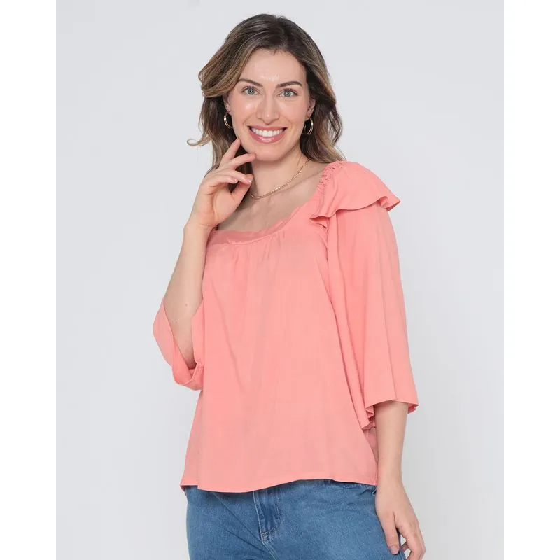 Blusa Feminina Com Babados Manga 7/8 Rosa Claro P