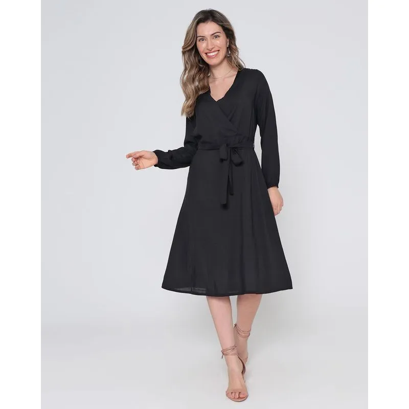 Vestido Viscose Midi Transpasse Liso Preto P