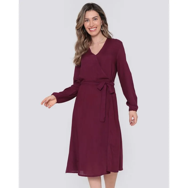 Vestido Viscose Midi Transpasse Liso Vinho G