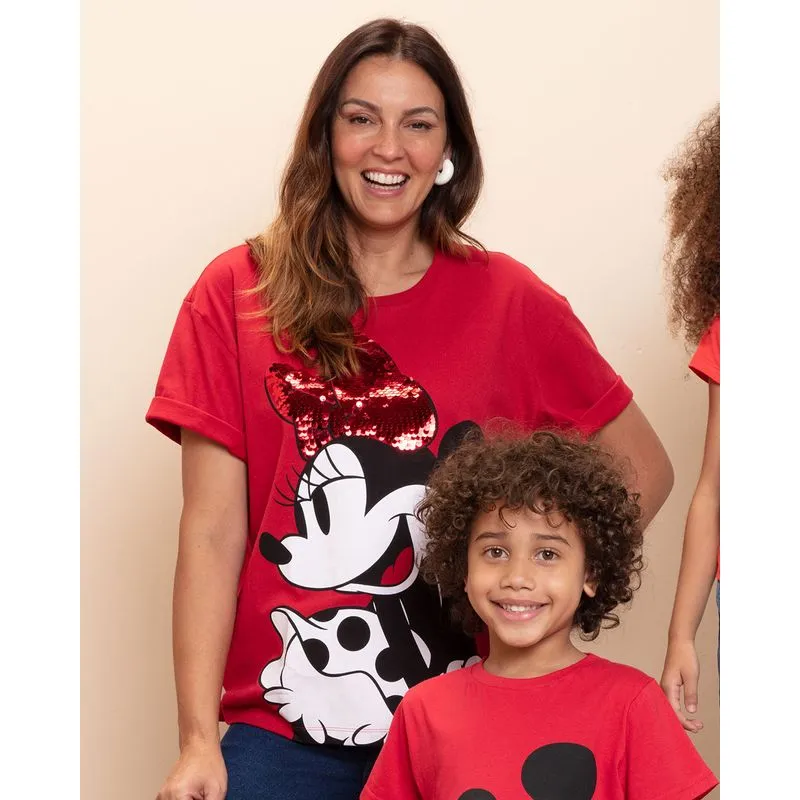 Camiseta Feminina Disney Minnie com Paetê Manga Curta Vermelha M