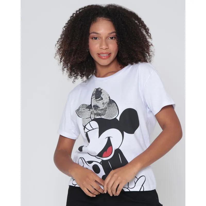 Camiseta Feminina Disney Minnie com Paetê Manga Curta Branca G