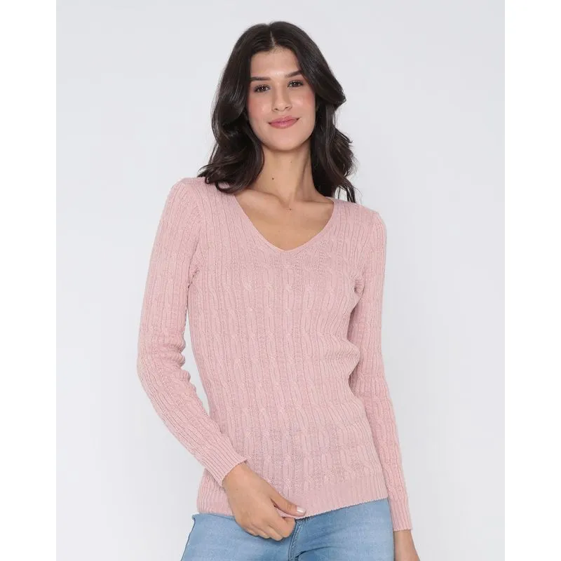 Suéter Feminino Tricô Trabalhado Rosa Claro M