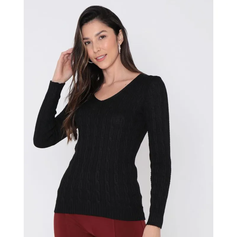 Suéter Feminino Tricô Trabalhado Preto G