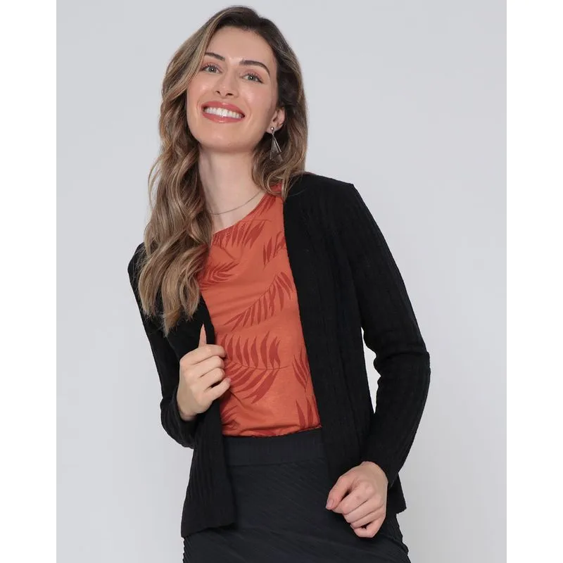 Cardigan Feminino Tricô Mousse Preto G