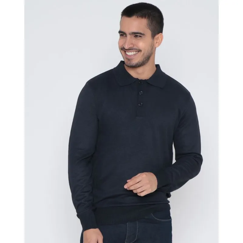 Suéter Masculino Tricô Polo Com Botões Azul Marinho G