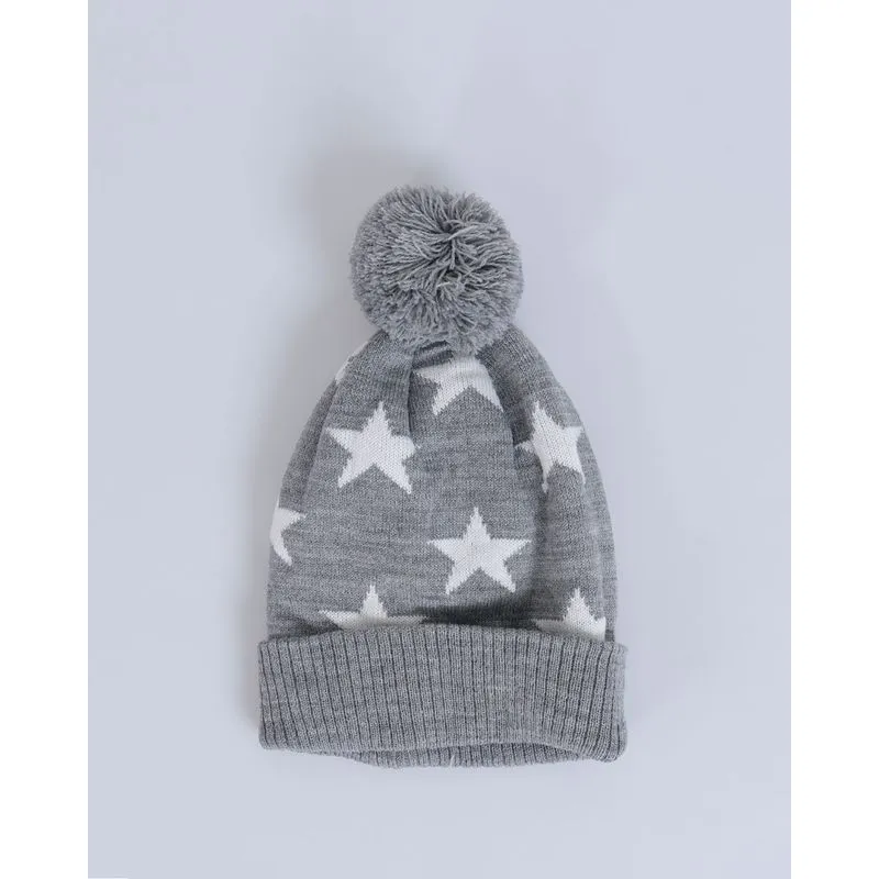 Gorro Infantil Tricô Estrelas Pompom Cinza UN