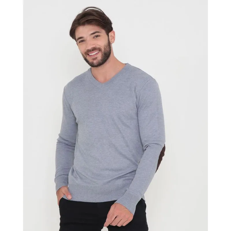 Suéter Masculino Tricô Gola V Recorte Cotovelos Cinza Claro GG