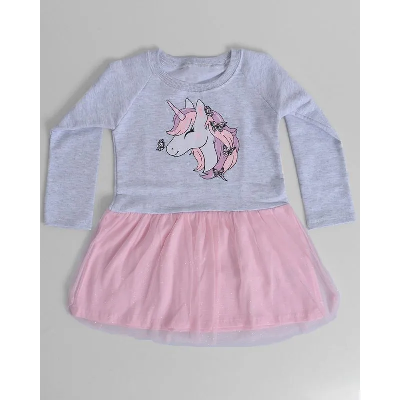 Vestido Bebê Moletinho E Tule Unicórnio Cinza 2