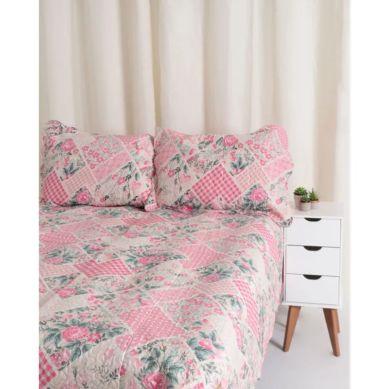 Kit Colcha Casal Dupla Face Estampa Rosa Floral UN
